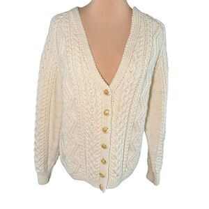 Handknit SZ M Womens Ivory Chunky Cable Knit Fisherman Wool Cardigan Grandmacore